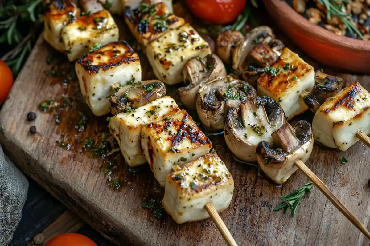 Halloumi-herkkusienivartaat – helppo kasvisvartas grilliin