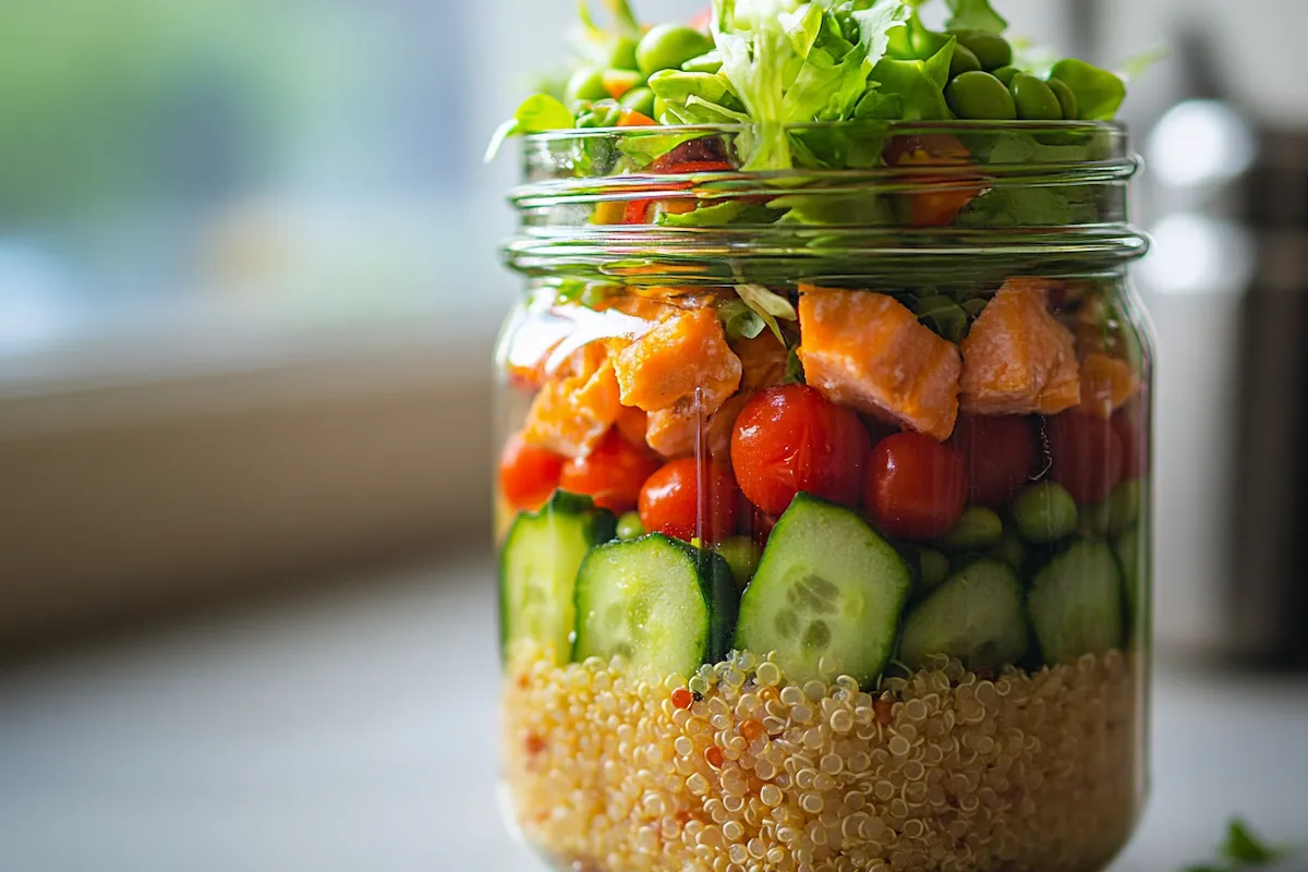 Lohi-kvinoasalaatti purkissa – 35g proteiinia raikkaaseen meal preppiin
